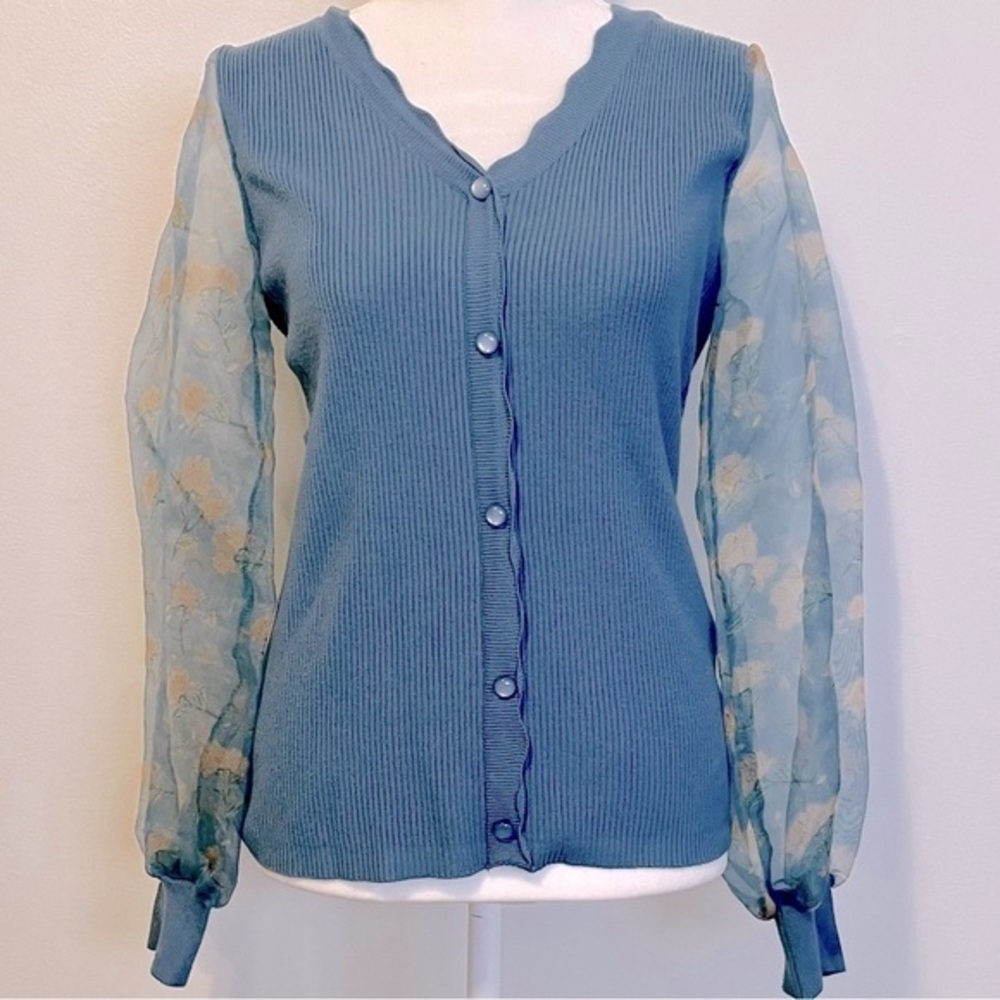 Sioni cardigan with sheer, floral lantern sleeves